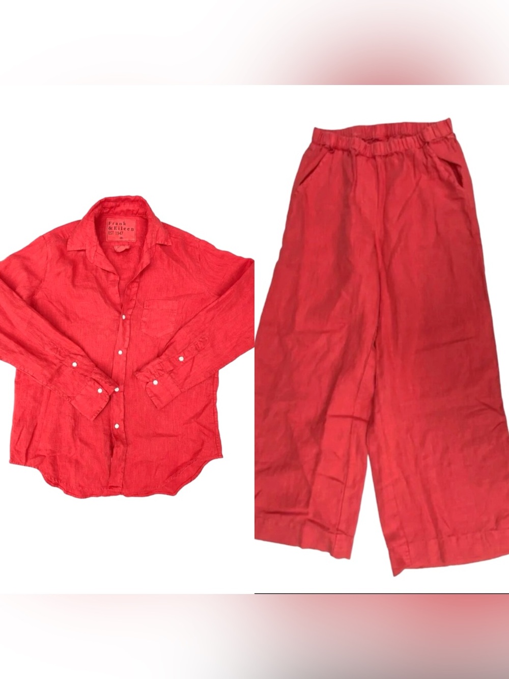 Frank & Eileen Red 100% Linen Set Button Down Shirt & Wide Leg Pants XXS